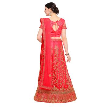 Women'S Coral Semi Stiched Embroidered Net Lehenga Choli 2