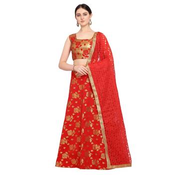 Women'S Red Semi Stiched Woven Jacquard Lehenga Choli 1