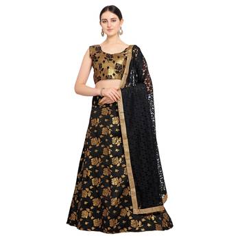 Women'S Black Semi Stiched Woven Jacquard Lehenga Choli 1