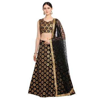 Women'S Black Semi Stiched Woven Jacquard Lehenga Choli 1