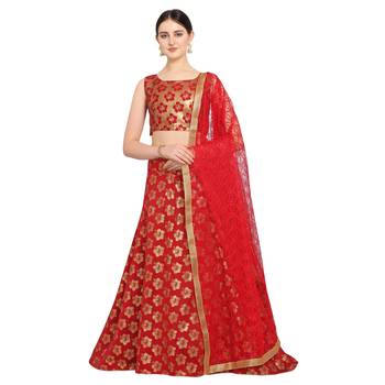 Women'S Red Semi Stiched Woven Jacquard Lehenga Choli 1