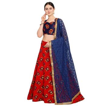 Women'S Red Semi Stiched Woven Jacquard Lehenga Choli 1