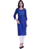 Women's  Royal Blue Rayon Embroidered Straight Kurta