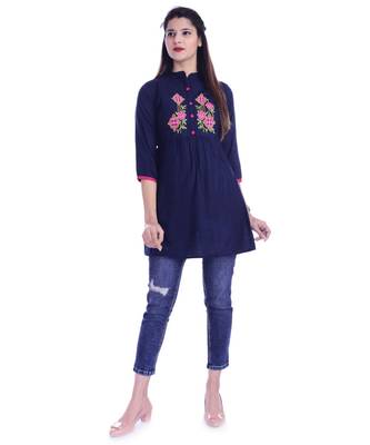 Women's  Navy Blue Rayon Embroidered Straight Kurta 2