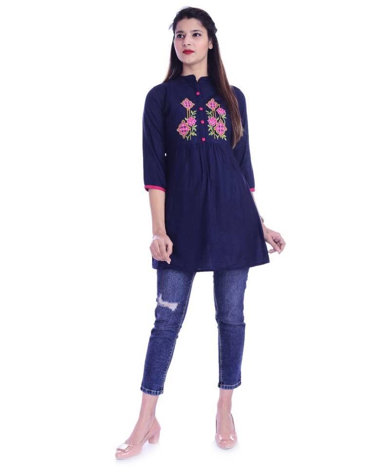 Women's  Navy Blue Rayon Embroidered Straight Kurta