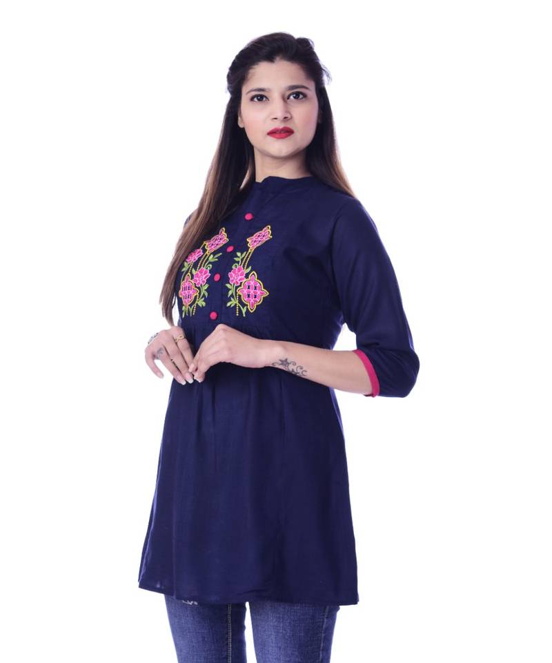 Women's  Navy Blue Rayon Embroidered Straight Kurta