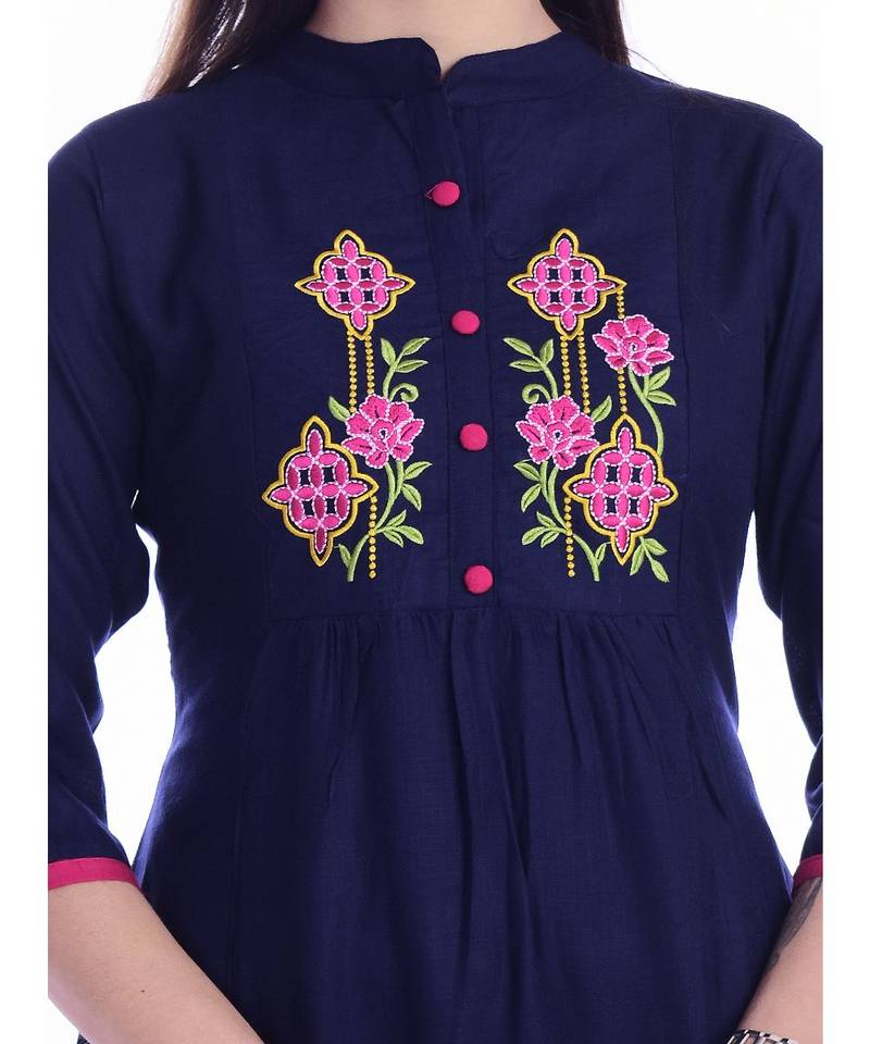 Women's  Navy Blue Rayon Embroidered Straight Kurta