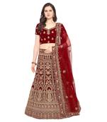 Women'S Maroon Semi Stiched Embroidered Velvet Lehenga Choli