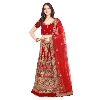 Women'S Red Semi Stiched Embroidered Velvet Lehenga Choli 1