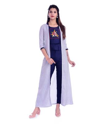 Women's  Navy Blue Rayon Embroidered Straight Kurti, Palazzo & Jacket Set 1