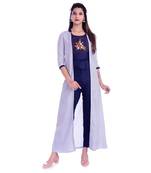 Women's  Navy Blue Rayon Embroidered Straight Kurti, Palazzo & Jacket Set
