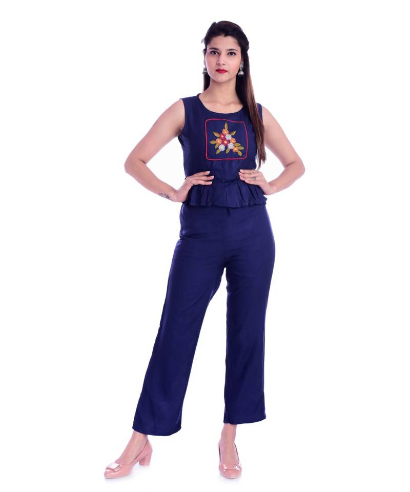 Women's  Navy Blue Rayon Embroidered Straight Kurti, Palazzo & Jacket Set