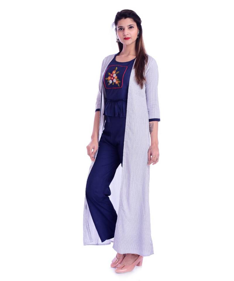 Women's  Navy Blue Rayon Embroidered Straight Kurti, Palazzo & Jacket Set