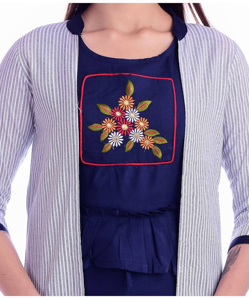 Women's  Navy Blue Rayon Embroidered Straight Kurti, Palazzo & Jacket Set