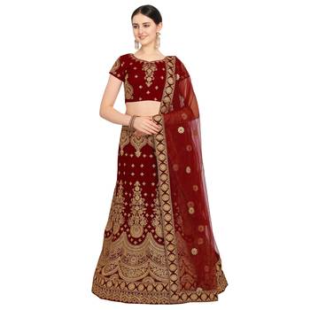 Women'S Maroon Semi Stiched Embroidered Velvet Lehenga Choli 1