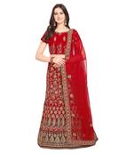 Women'S Red Semi Stiched Embroidered Velvet Lehenga Choli