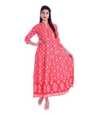 Women's  Peach Rayon Embroidered A-line Kurta 1