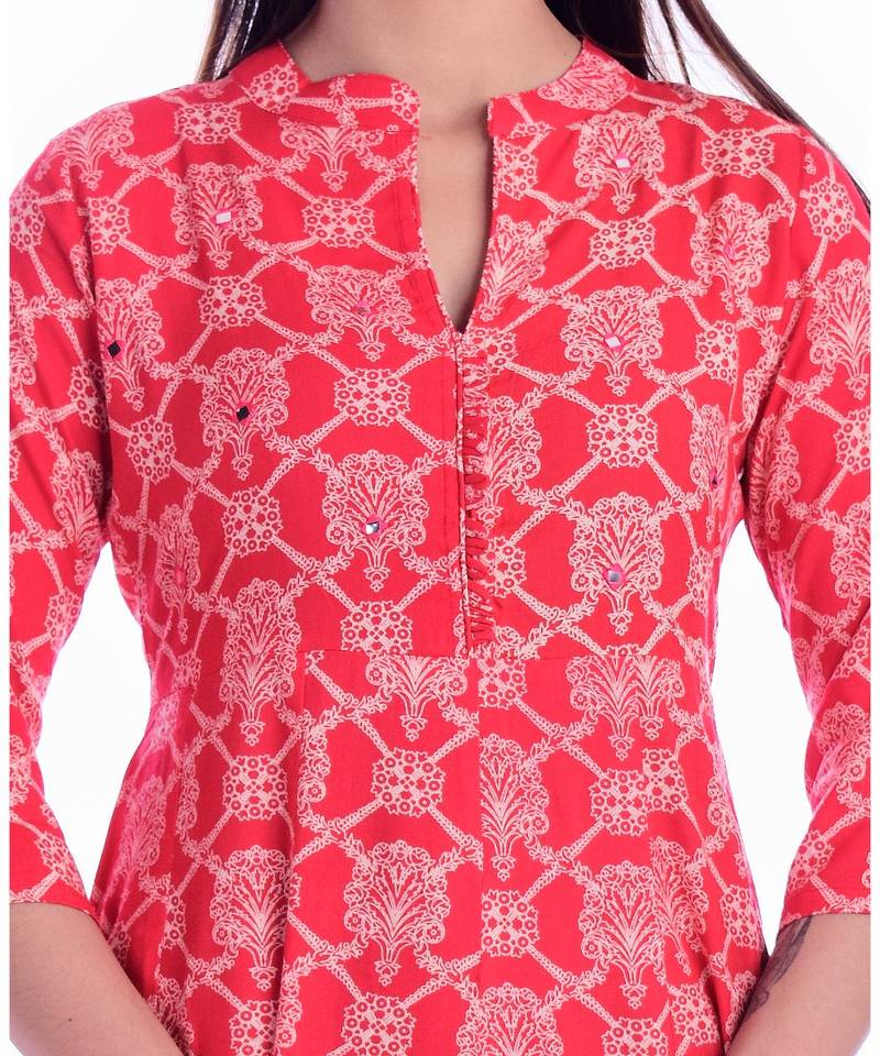 Women's  Peach Rayon Embroidered A-line Kurta