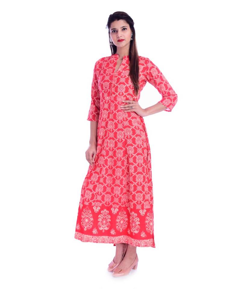 Women's  Peach Rayon Embroidered A-line Kurta