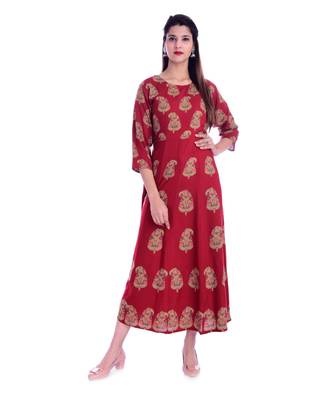 Women's  Red Rayon Embroidered A-line Kurta 1