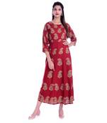 Women's  Red Rayon Embroidered A-line Kurta