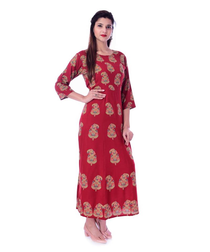 Women's  Red Rayon Embroidered A-line Kurta