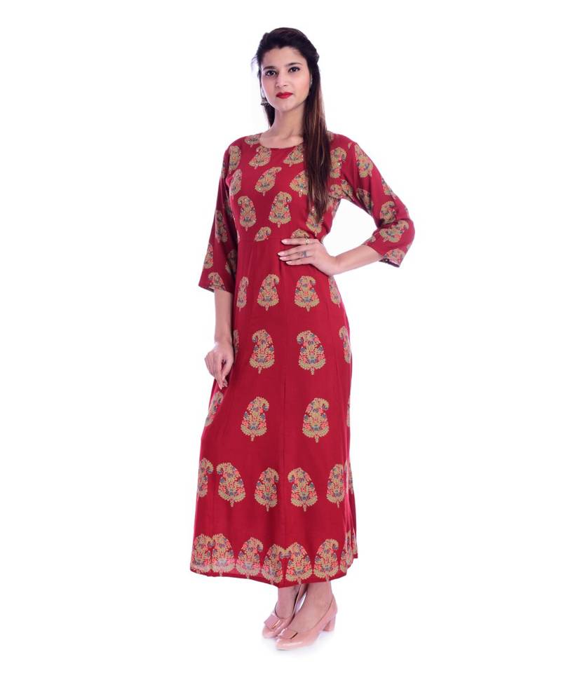 Women's  Red Rayon Embroidered A-line Kurta
