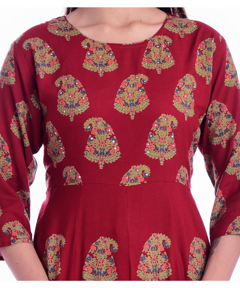 Women's  Red Rayon Embroidered A-line Kurta