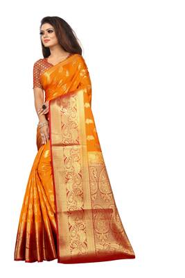 orange woven banarasi saree with blouse 2