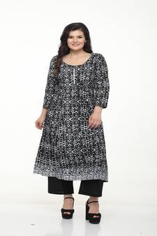 Cotton Black Anarkali Screen Print Kurta