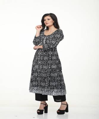 Cotton Black Anarkali Screen Print Kurta 2