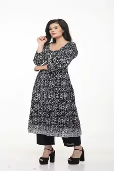 Cotton Black Anarkali Screen Print Kurta
