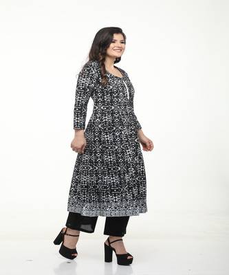 Cotton Black Anarkali Screen Print Kurta 3