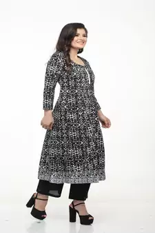 Cotton Black Anarkali Screen Print Kurta
