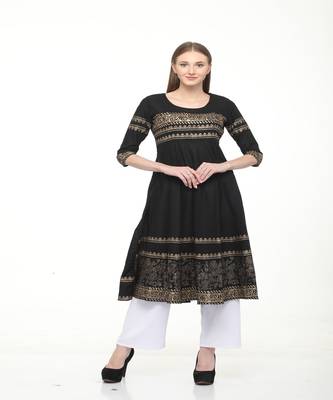 Cotton Black Anarkali Block Printed Kurta 1