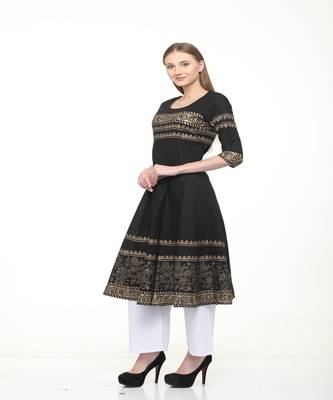 Cotton Black Anarkali Block Printed Kurta 2