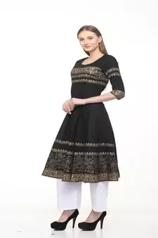 Cotton Black Anarkali Block Printed Kurta