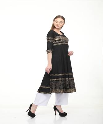Cotton Black Anarkali Block Printed Kurta 3