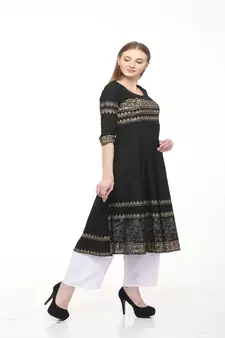 Cotton Black Anarkali Block Printed Kurta