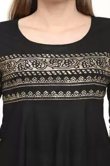 Cotton Black Anarkali Block Printed Kurta