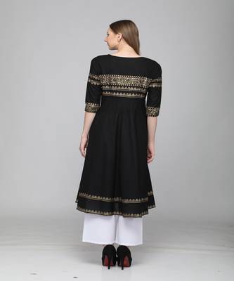Cotton Black Anarkali Block Printed Kurta 5