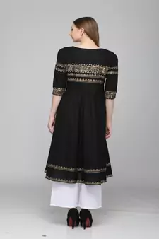 Cotton Black Anarkali Block Printed Kurta