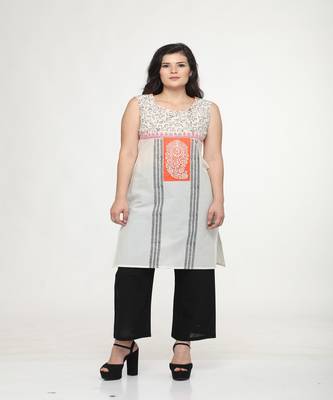 Cotton Off-white Straight Block Printed Kurta 1