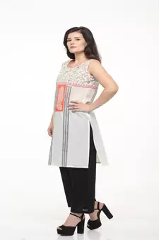 Cotton Off-white Straight Block Printed Kurta