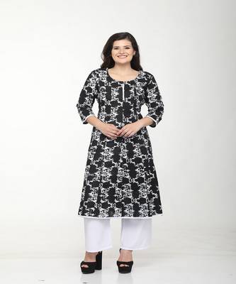 Cotton Black Anarkali Screen Print Kurta 1
