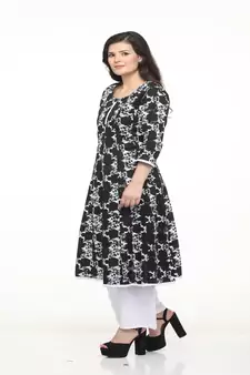Cotton Black Anarkali Screen Print Kurta