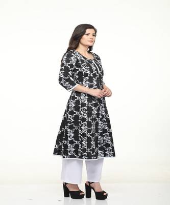 Cotton Black Anarkali Screen Print Kurta 3