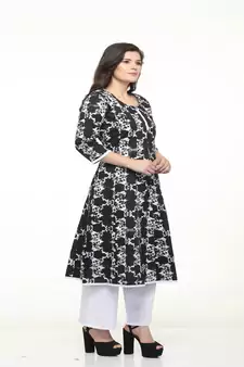 Cotton Black Anarkali Screen Print Kurta
