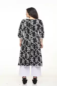 Cotton Black Anarkali Screen Print Kurta