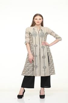 Cotton Grey A-Line Block Printed Kurta